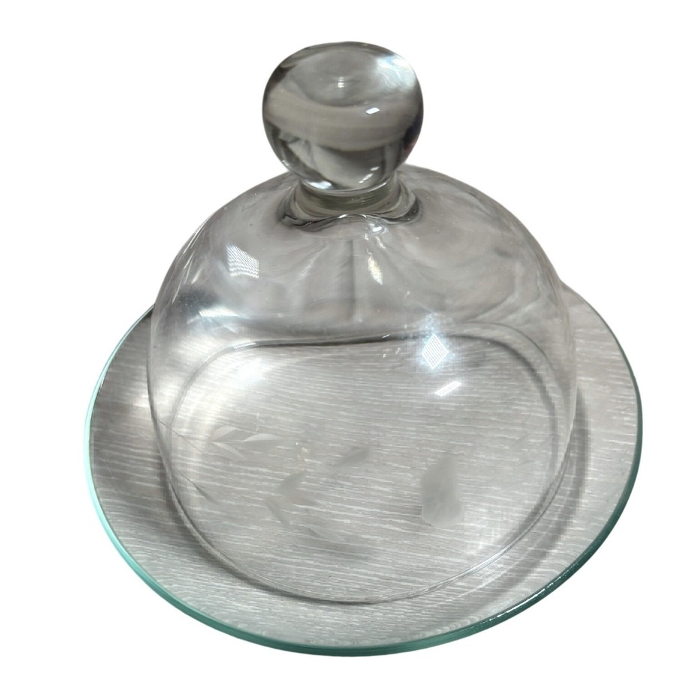 Vintage Etched Glass Butter Dish with Domed Cloche Lid Floral Clear 2 Piece Set